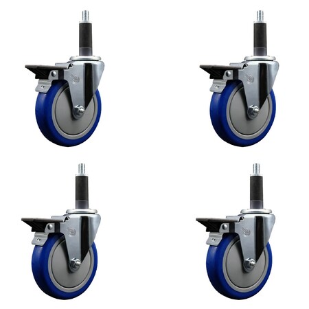 Service Caster 5'' Blue Poly Swivel 1'' Expanding Stem Caster Set with Brake, 4PK SCC-EX20S514-PPUB-BLUE-PLB-1-4